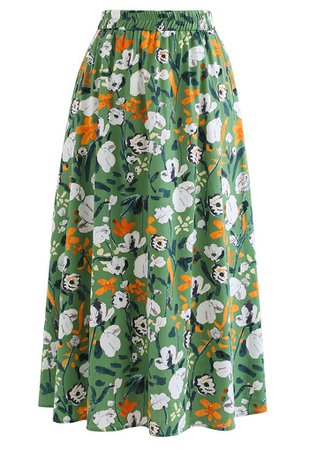 Brilliant Flower Cotton Midi Skirt in Green - Retro, Indie and Unique Fashion