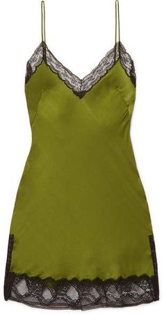 Lace-trimmed Silk-satin Mini Dress - Green