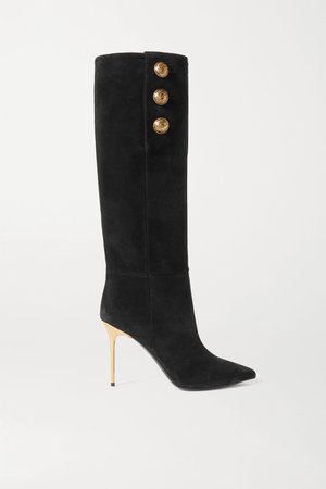 Black Button-embellished suede knee boots | Balmain | NET-A-PORTER