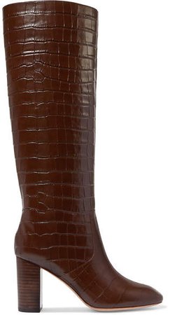 Goldy Croc-effect Leather Knee Boots - Brown