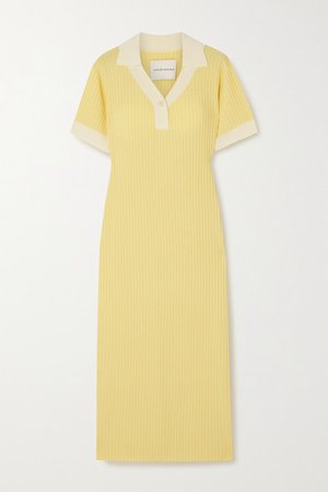 Two-tone Ribbed Merino Wool Midi Dress - Yellow