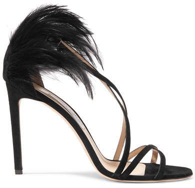 Belissa 100 Feather-trimmed Suede Sandals - Black