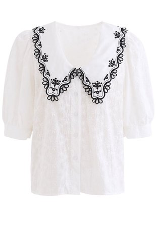 Embroidered Pointed Collar Button Down Top - Retro, Indie and Unique Fashion