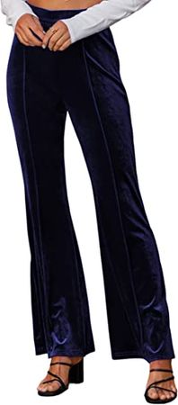 ECOWISH Womens Velvet Pants Elastic High Waist Palazzo Pants Casual Flare Long Trousers Navy Blue Medium at Amazon Women’s Clothing store
