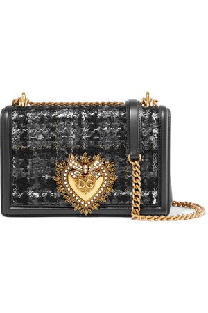 Dolce & Gabbana | Devotion embellished metallic checked bouclé-tweed and leather shoulder bag | NET-A-PORTER.COM