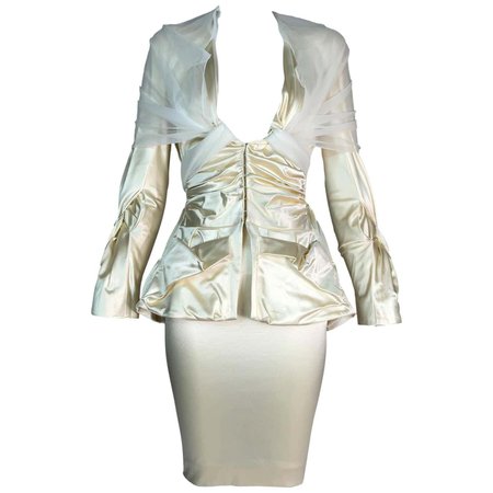 S/S 2004 Christian Dior John Galliano Ivory Satin Tulle Plunging Skirt Suit For Sale at 1stDibs