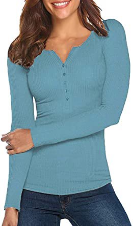 Tobrief Women's Henley Shirts Long Sleeve V Neck Ribbed Button Down Knit Sweater Fitted Tops at Amazon Women’s Clothing store