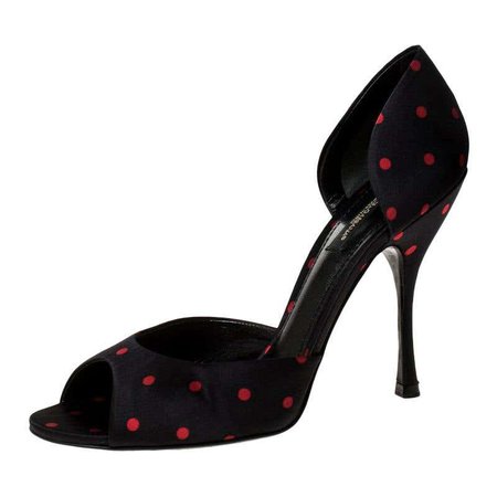 Dolce and Gabbana Black Satin Polka Dot Open Toe Pumps Size 38.5 For Sale at 1stdibs