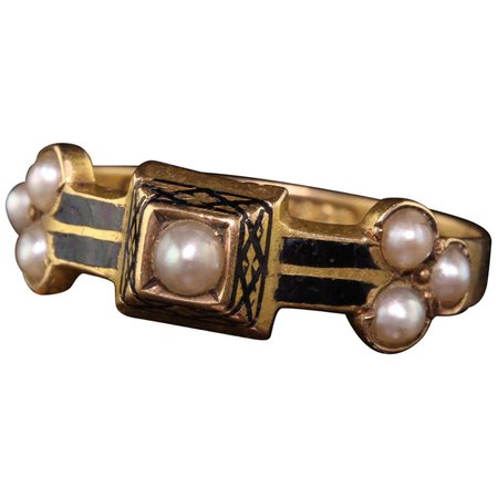 Circa 1882 - Antique Victorian 15kt Yellow Gold Pearl Black Enamel Mourning Ring For Sale at 1stDibs