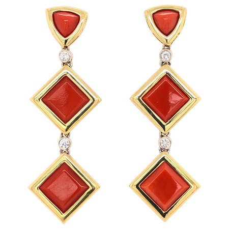 Deep Red Coral and Diamond Dangle Earrings Estate Fine Jewelry For Sale at 1stDibs
