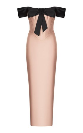 Bow-Detailed Satin Off-The-Shoulder Midi Dress by Rasario | Moda Operandi
