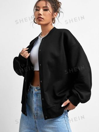 SHEIN EZwear Solid Drop Shoulder Bomber Jacket | SHEIN