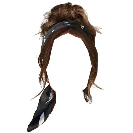 brown hair high messy bun updo black white patterned hair scarf headband hairstyle