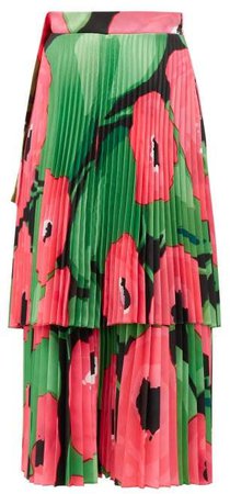 Poppy Print Pleated Satin Midi Skirt - Womens - Pink Multi