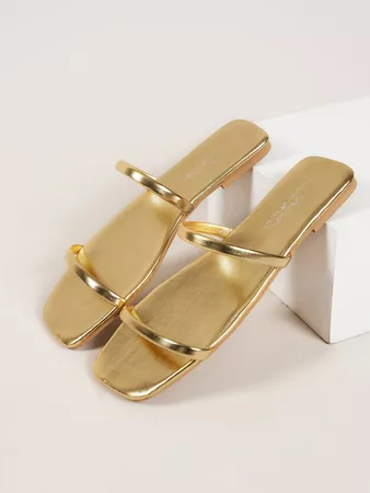 Metallic Thin Strap Slide Sandals | SHEIN USA
