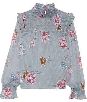 Gray Ruffle-trimmed metallic floral-print georgette blouse