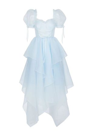 Cinderella style tulle blue gown puff sleeve