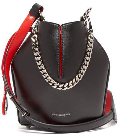 Geometric Leather Bucket Bag - Womens - Black Red