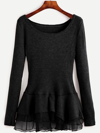 Black Contrast Chiffon Scoop Neck Sweater