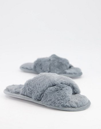 Loungeable fluffy cross front slide slippers in gray | ASOS
