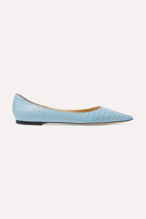 Love Croc-effect Leather Point-toe Flats - Light blue