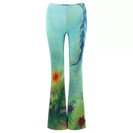 MOSCHINO Blue Green Tropical Floral Leaf Graphic Print Flared Bell Bottom Pants