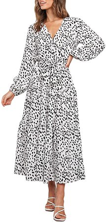 MITILLY Women's Boho Leopard Print Ruffle Long Sleeve V Neck Casual Flowy Party Maxi Dress at Amazon Women’s Clothing store