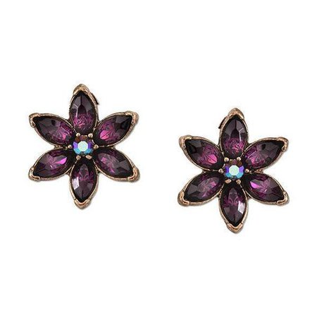 Burnished Copper-Tone Amethyst Purple Color Flower Button Earrings