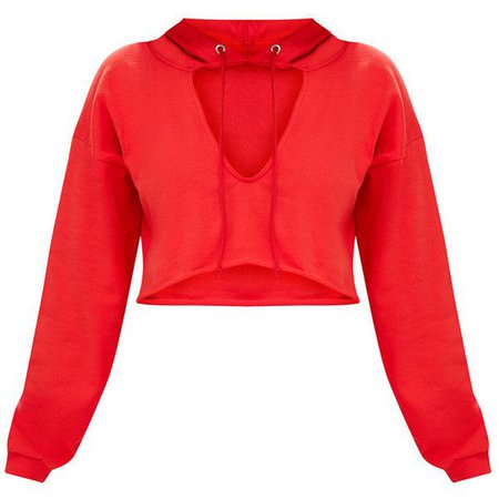 Red Open Neck Cropped Hoodie