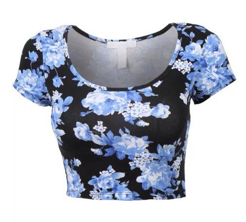 Women's Fitted Short Sleeve Scoop Neck Floral Print Crop Top with stretch