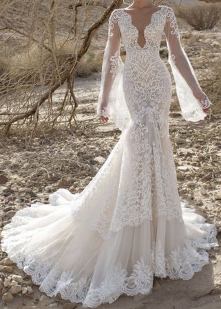 Long Sleeve White Lace Gown
