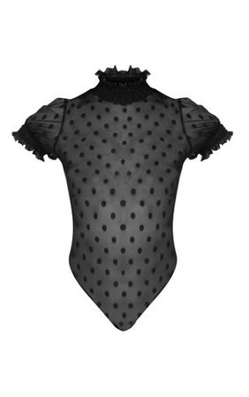 Black Sheer High Neck Mesh Polka Dot Bodysuit | PrettyLittleThing