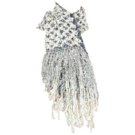 CHANEL white blue silver LUREX FRINGED MUFFLER Scarf For Sale at 1stdibs