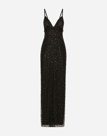 Long tulle slip dress with all-over rhinestone embellishment in Black for | Dolce&Gabbana® US