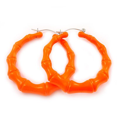 Medium Sized Bamboo Textured Doorknocker Hoop Earrings in Neon Orange - 5cm Diameter - avalaya.com