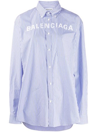 Blue Balenciaga Logo Detail Striped Shirt | Farfetch.com