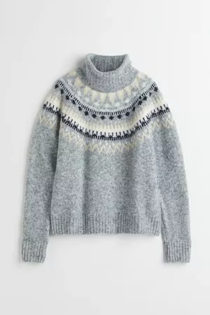 Jacquard-knit Turtleneck Sweater - Light gray melange/patterned - Ladies | H&M CA