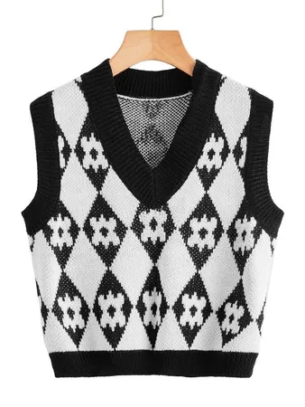 black Argyle Pattern V Neck Sweater Vest | SHEIN USA
