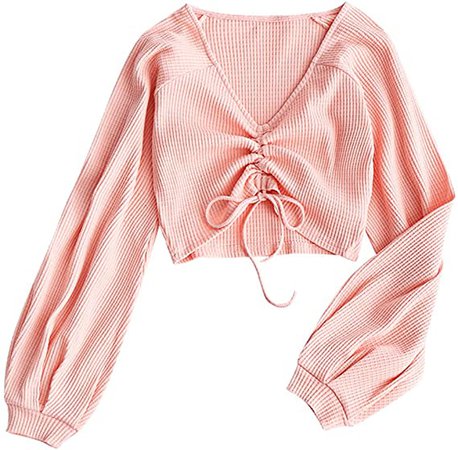 ZAFUL Women's Casual Long Sleeve V-Neck Ribbed Knitted Knot Front Crop Top at Amazon Women’s Clothing store