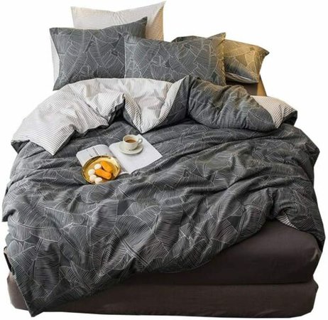 3 Piece Leaves Pattern Grey Duvet Cover Full Cotton Comforter Cover Sets with Zi | eBay