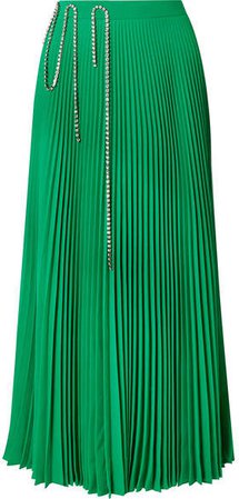 Squiggle Crystal-embellished Pleated Crepe De Chine Midi Skirt - Green