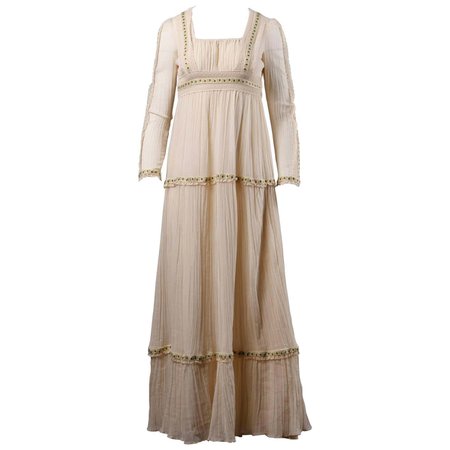 Cotton Gauze Peasant Maxi Dress with Lace Trim, 1970s For Sale at 1stDibs