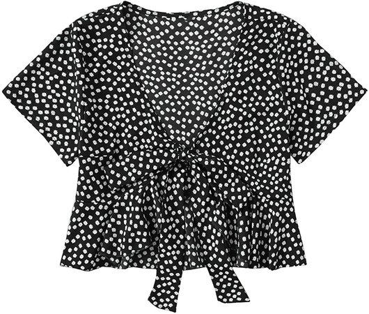 SweatyRocks Women's Short Sleeve Deep V Neck Self Tie Front Crop Top Blouse Black #1 XL at Amazon Women’s Clothing store