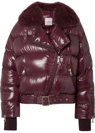 Shearling-trimmed Quilted Patent-shell Down Jacket - Purple