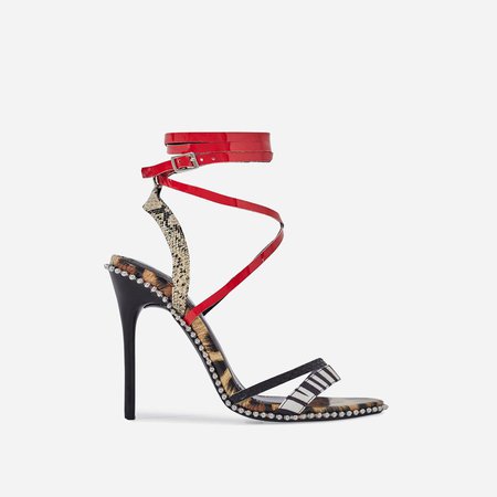 Marisa Studded Detail Lace Up Heel In Animal Print Patent | EGO