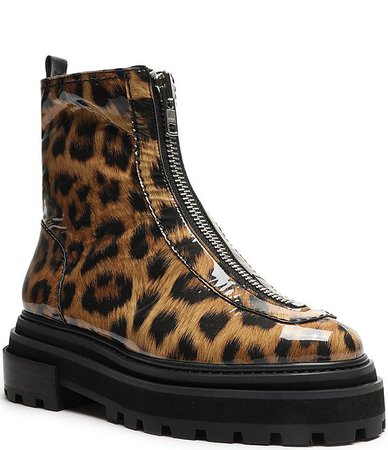 Schutz Maryele Leopard Print Patent Leather Zip Front Booties | Dillard's