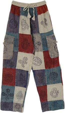 red, blue and purple patchwork pants