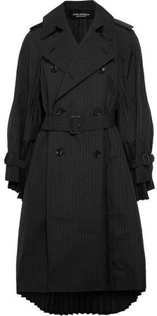 Oversized Pleated Pinstriped Wool-blend Trench Coat - Black