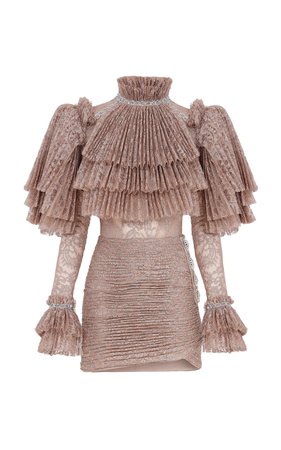 Raisa Vanessa Ruffled Lace-Plissé Mini Dress