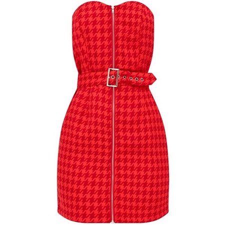 Red Houndstooth Buckle Detail Bandeau Bodycon Dress